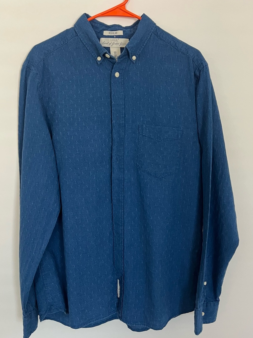 H&M L.O.G.G. Mens Blue Dobby Dot Button Down Long Sleeve Shirt Size Large